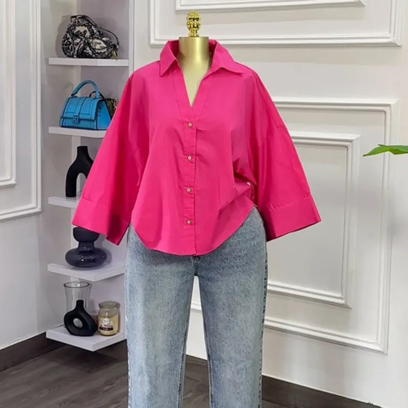 LADIES CASUAL SOLID LAPEL LONG-SLEEVE LOOSE BLOUSE