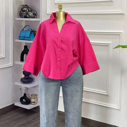 LADIES CASUAL SOLID LAPEL LONG-SLEEVE LOOSE BLOUSE