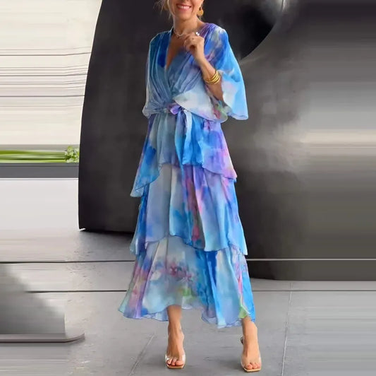 LADIES FASHION SEXY DEEP GRADIENT PRINT CHIFFON DRESS