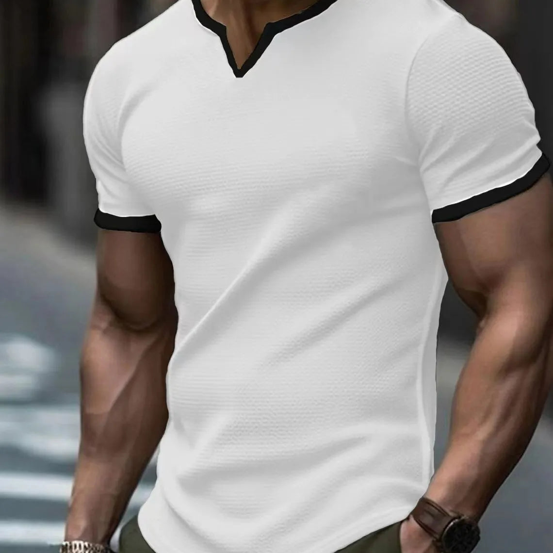 MEN'S V-NECK BLOCKING SHORT-SLEEVE LOOSE T-SHIRT