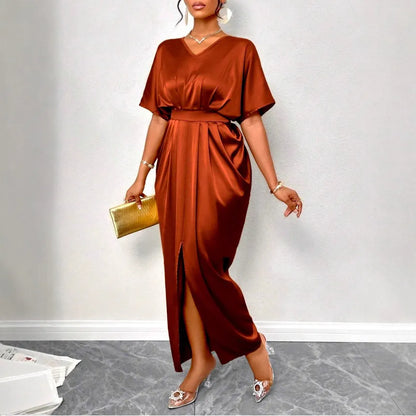 LADIES ELEGANT SOLID SATIN V-NECK  SHORT-SLEEVE WAIST  DRESS
