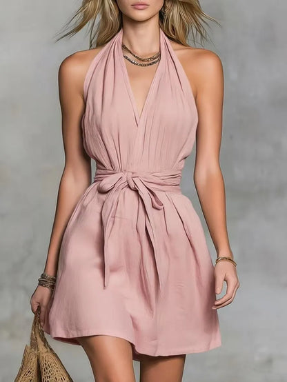LADIES SUMMER FASHION SOLID V-NECK MINI DRESS
