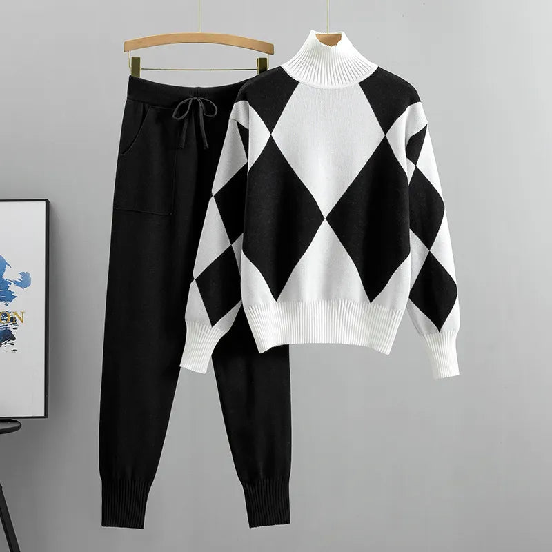 LADIES PLAID-HIGH NECK LONG-SLEEVE SWEATER  JOGGER KNITTED 2PCS SET
