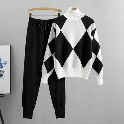 LADIES PLAID-HIGH NECK LONG-SLEEVE SWEATER  JOGGER KNITTED 2PCS SET