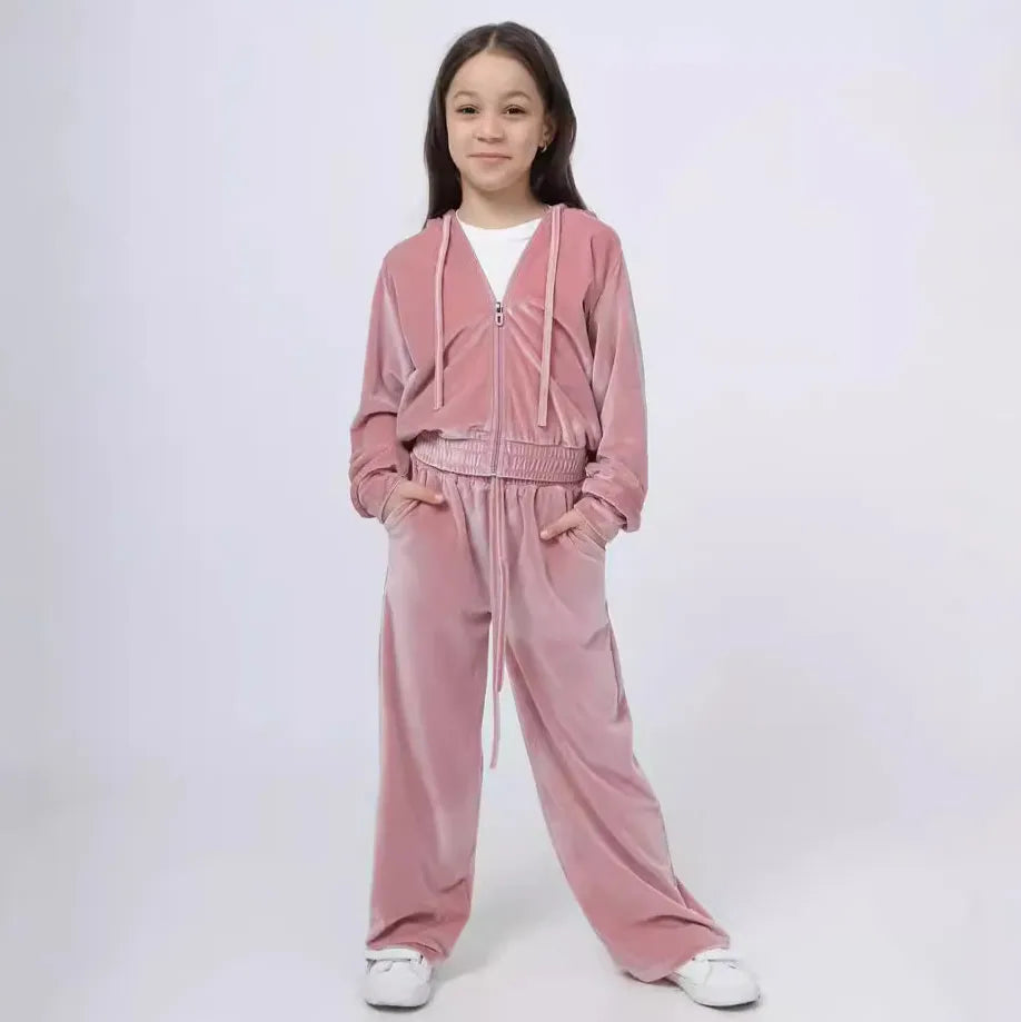 GIRL'S AUTUMN AND WINTER VELVET  LOOSE HOODIES 2PCS SET