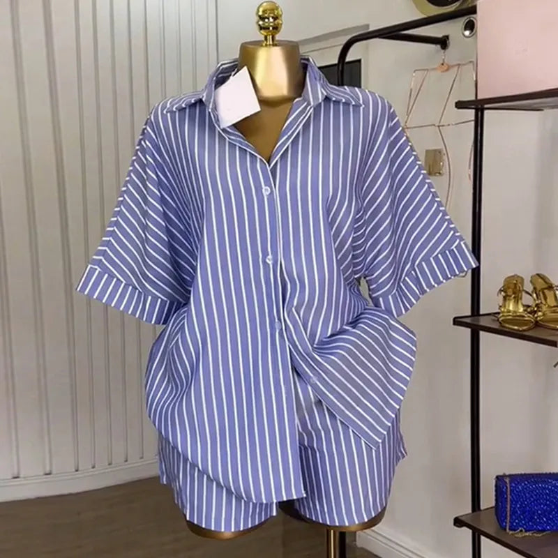 LADIES LOOSE SHORT-SLEEVE BLOUSE HIGH WAIST 2PCS SET