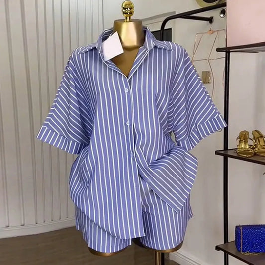 LADIES LOOSE SHORT-SLEEVE BLOUSE HIGH WAIST 2PCS SET