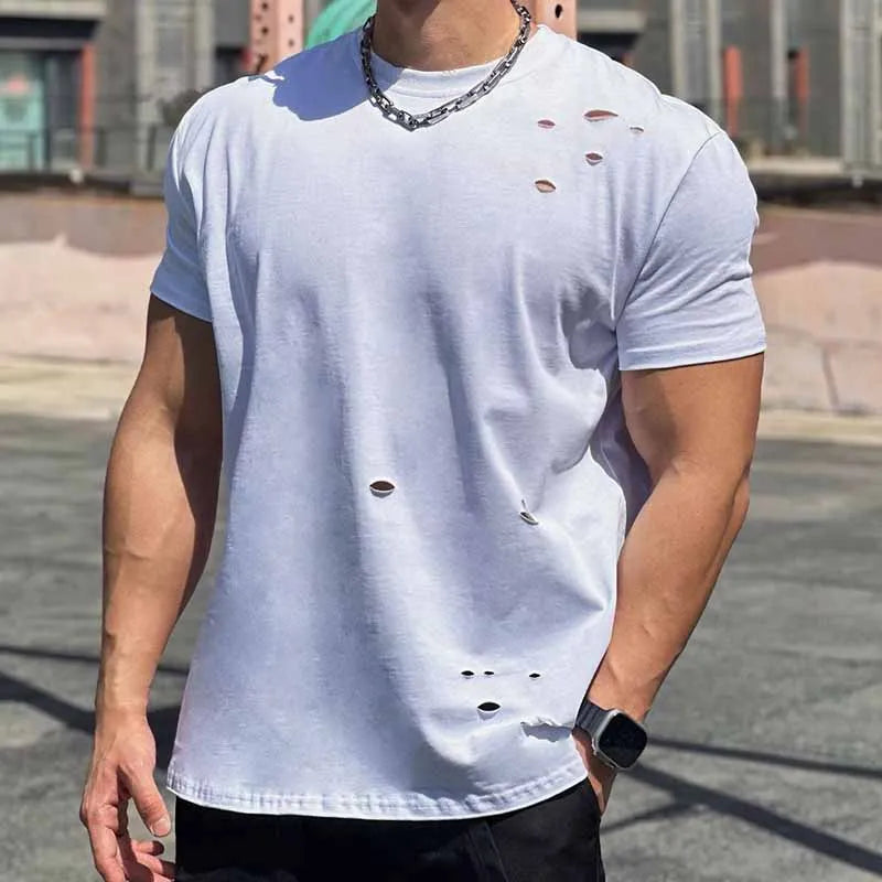 MEN'S SOLID ROUND NECK RIPPED T-SHIRT
