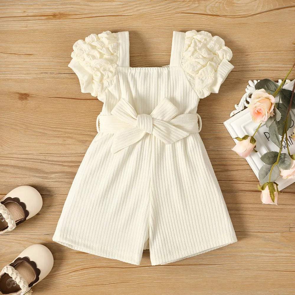 GIRL'S ELEGANT SOLID SQUARE NECK PUFF  SLEEVE ROMPERS