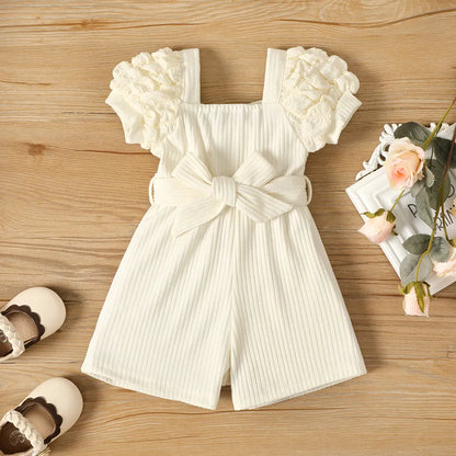 GIRL'S ELEGANT SOLID SQUARE NECK PUFF  SLEEVE ROMPERS