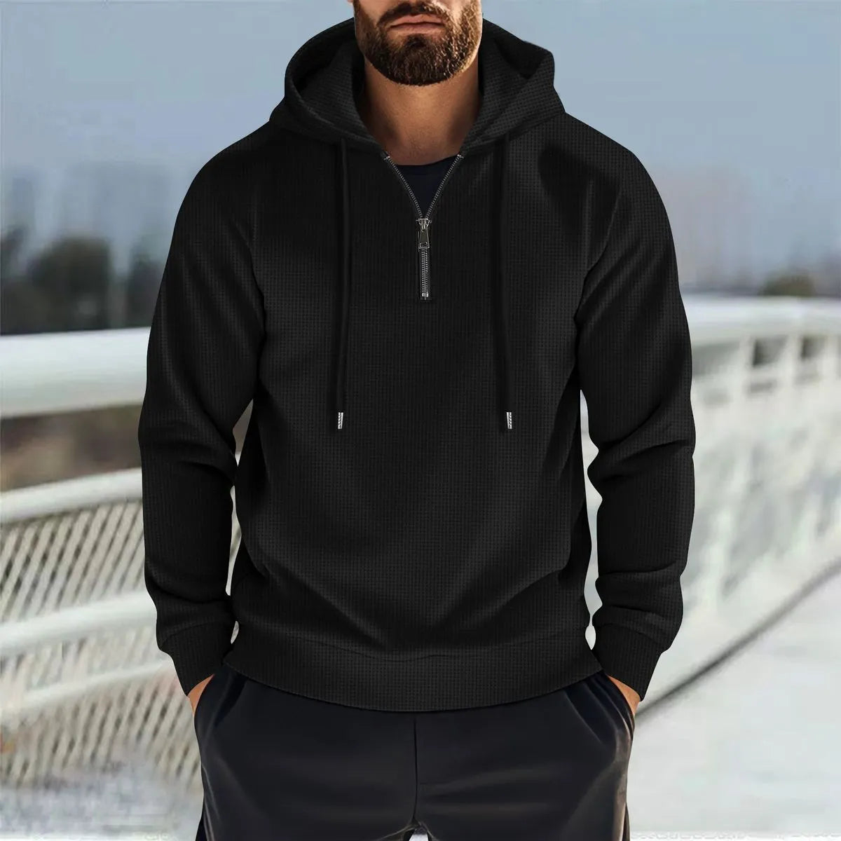 MEN'S SPRING SOLID WAFFLE LONG-SLEEVE HOODIES