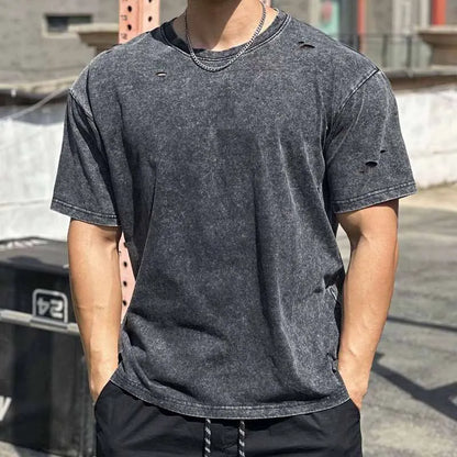 MEN'S CASUAL SOLID SLEEVE ROUND NECK RIPPED T-SHIRT