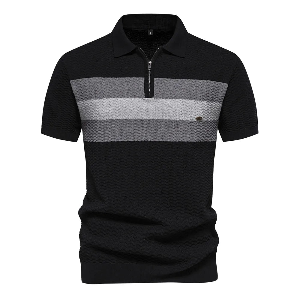 MEN'S CASUAL STRIPE ZIPPER SHORT-SLEEVE  POLO SHIRT