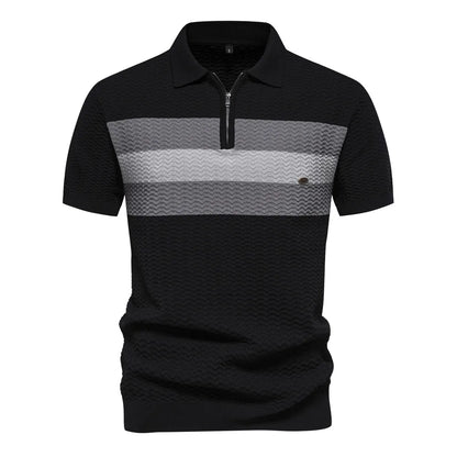 MEN'S CASUAL STRIPE ZIPPER SHORT-SLEEVE  POLO SHIRT
