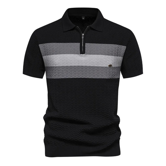 MEN'S CASUAL STRIPE ZIPPER SHORT-SLEEVE  POLO SHIRT