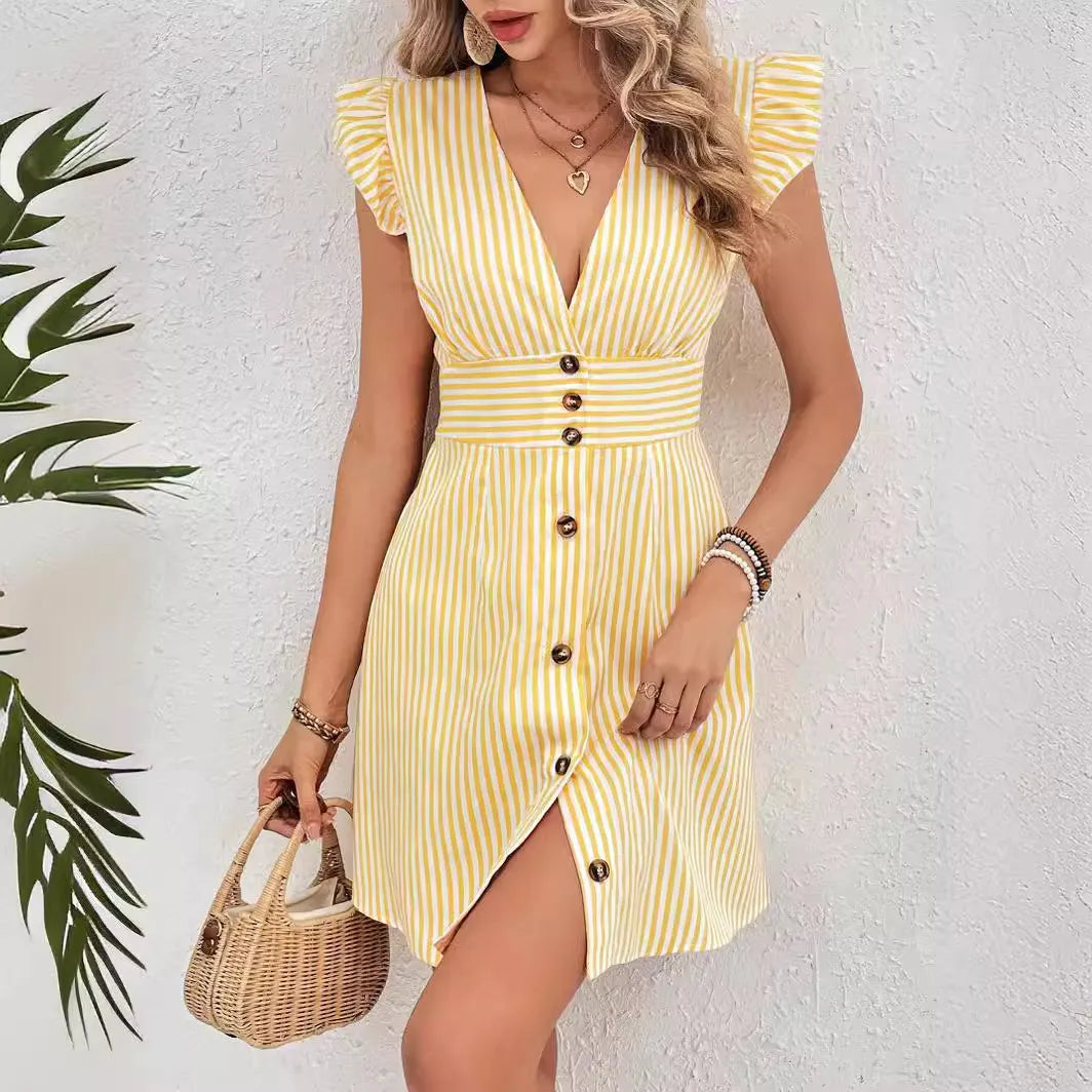 LADIES SUMMER STRIPE RUFFLED BREASTED MINI DRESS