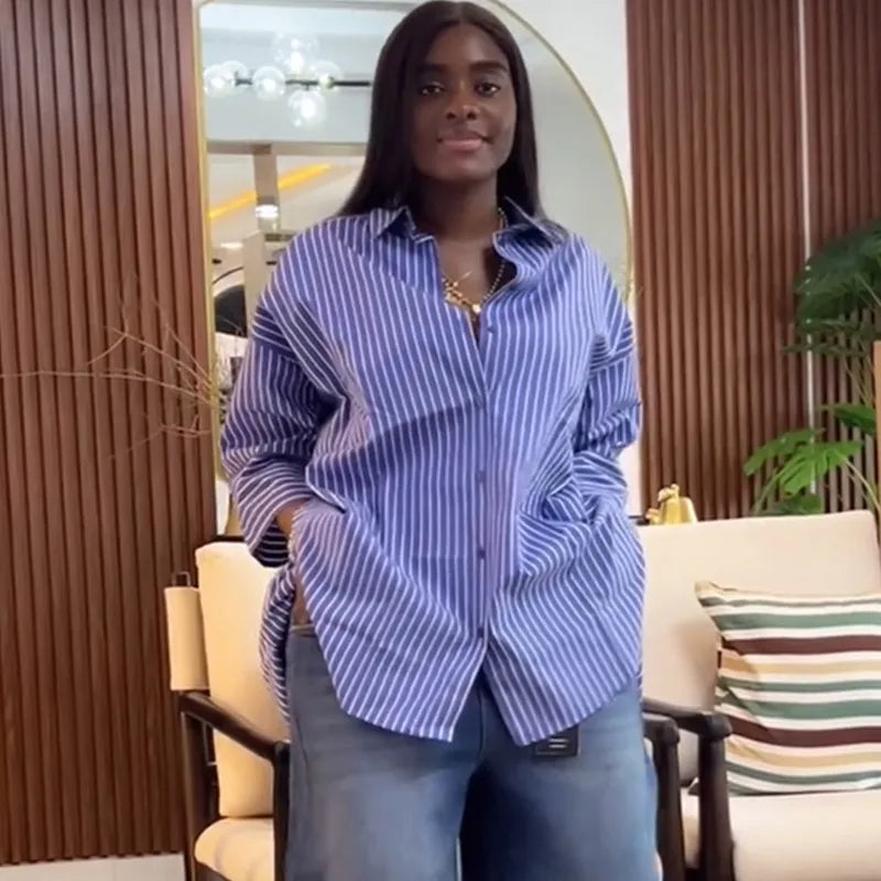 LADIES FASHION BLUE STRIPE LONG-SLEEVE LOOSE BLOUSE