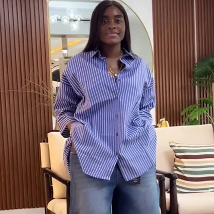 LADIES FASHION BLUE STRIPE LONG-SLEEVE LOOSE BLOUSE