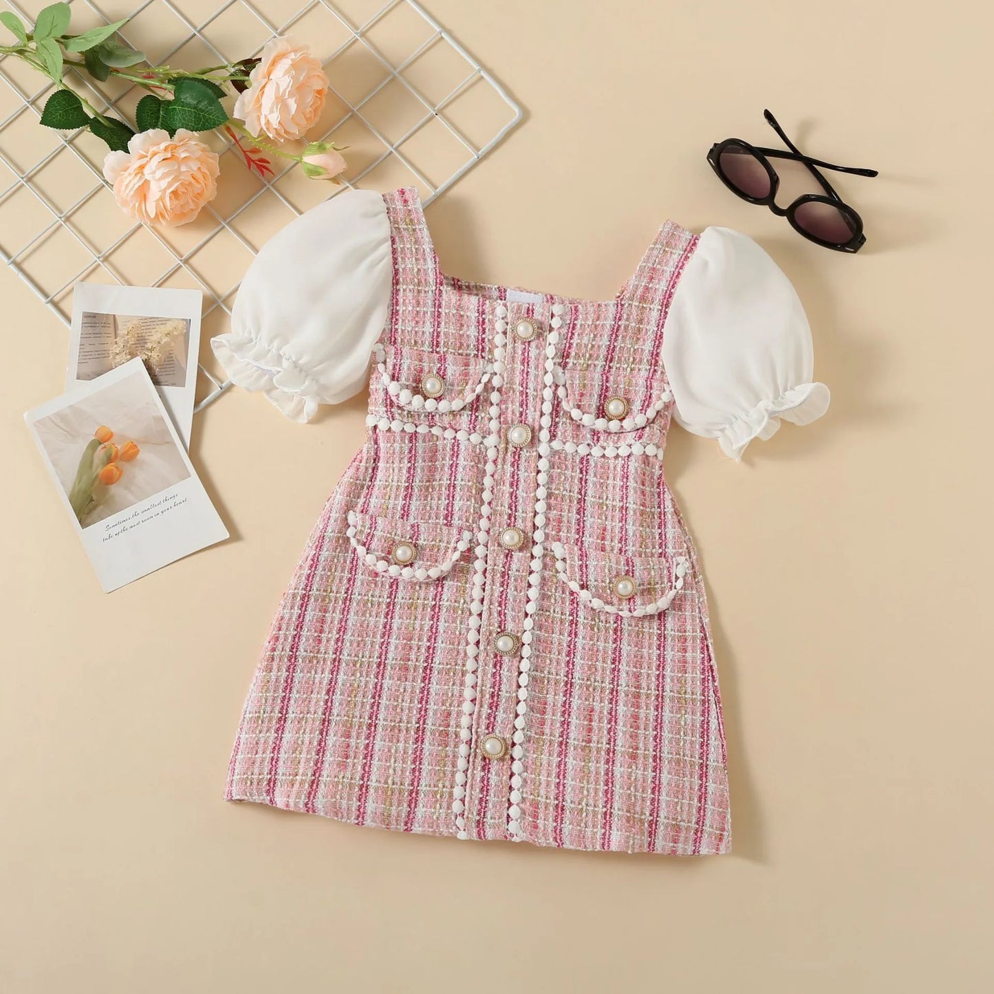GIRLS TODDLER CUTE VERSATILE STRIPE BOW PEARL SLEEVE DRESS