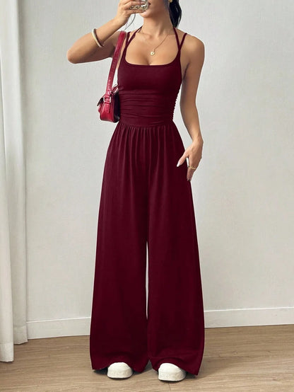LADIES SEXY SUMMER SOLID SPAGHETTI STRAP WIDE-LEG JUMPSUITS