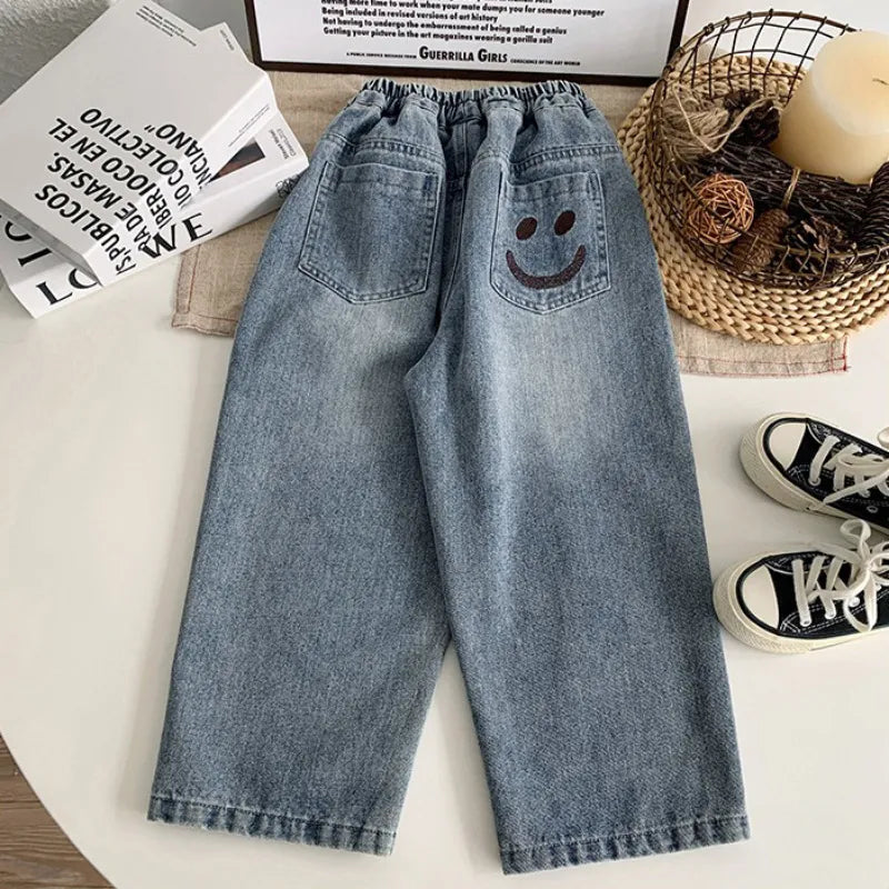 BOY'S FASHION LOOSE SMILEY EMBROIDERED JEANS