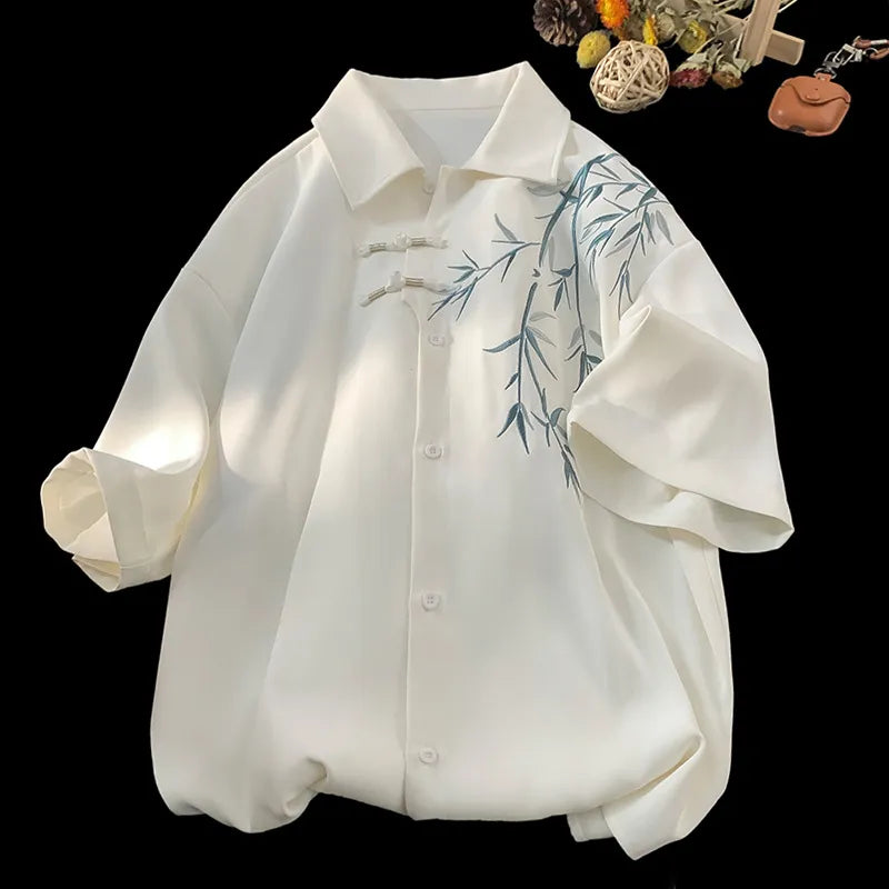 MEN'S BAMBOO EMBROIDERED LAPEL  LOOSE SHIRT