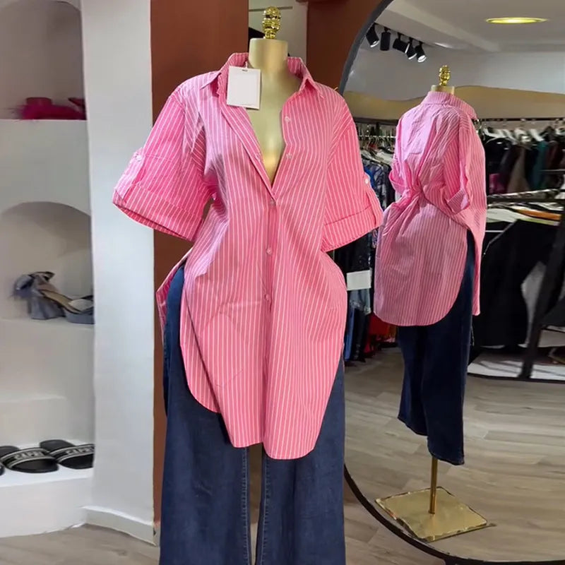 LADIES CASUAL STRIPE SINGLE BREASTED BLOUSE
