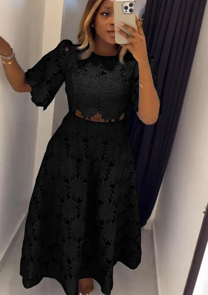 LADIES SOLID LACE HOLLOW SLEEVE CROP TOP MAXI SKIRTS 2PCS SET