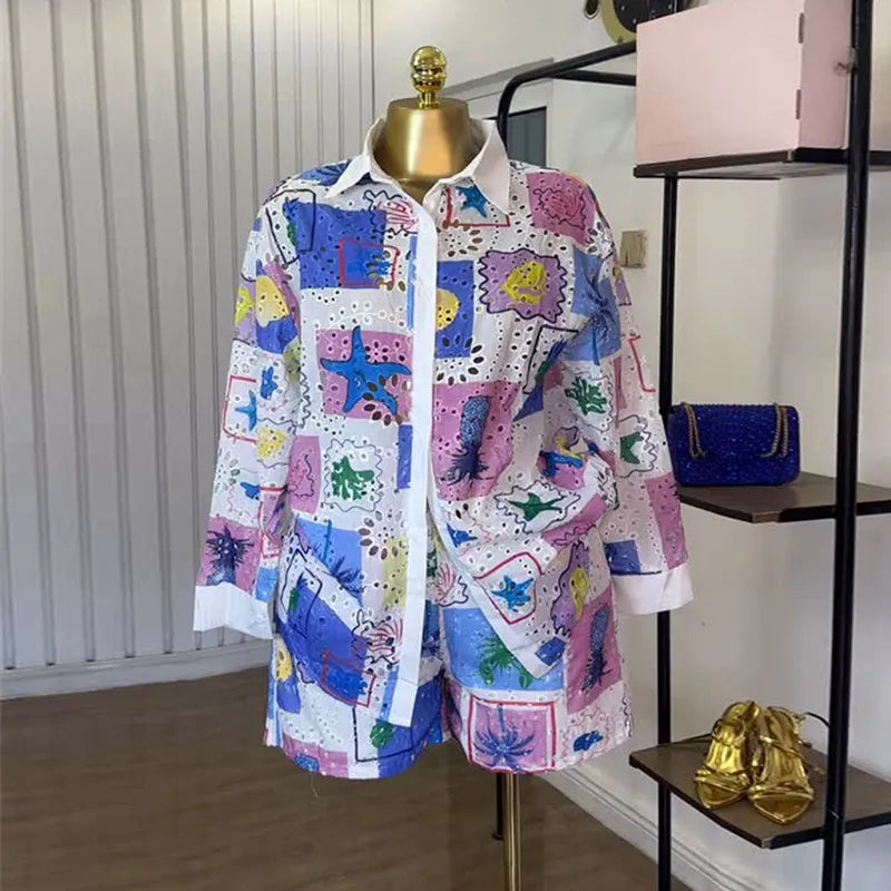 LADIES CASUAL HOLLOW LAPEL SLEEVE BLOUSE  LOOSE 2PCS SET