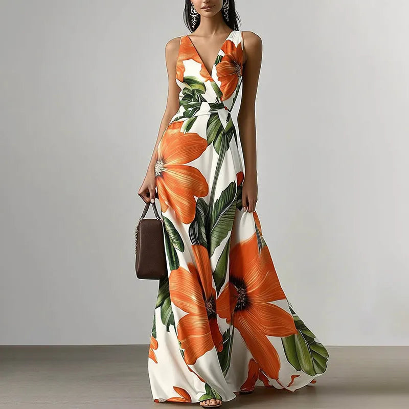 LADIES  SEXY FLORAL PRINTED SLEEVELESS MAXI DRESS