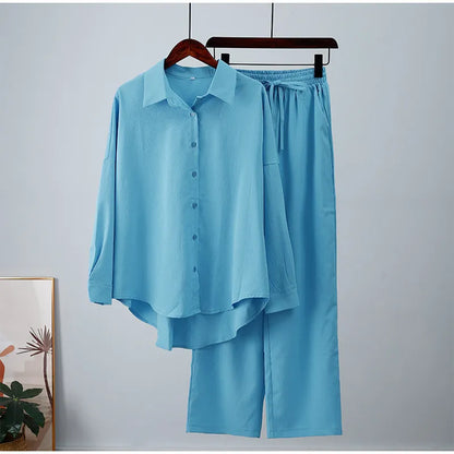 LADIES COTTON LINEN SLEEV BLOUSE LOOSE WIDE 2PCS SET