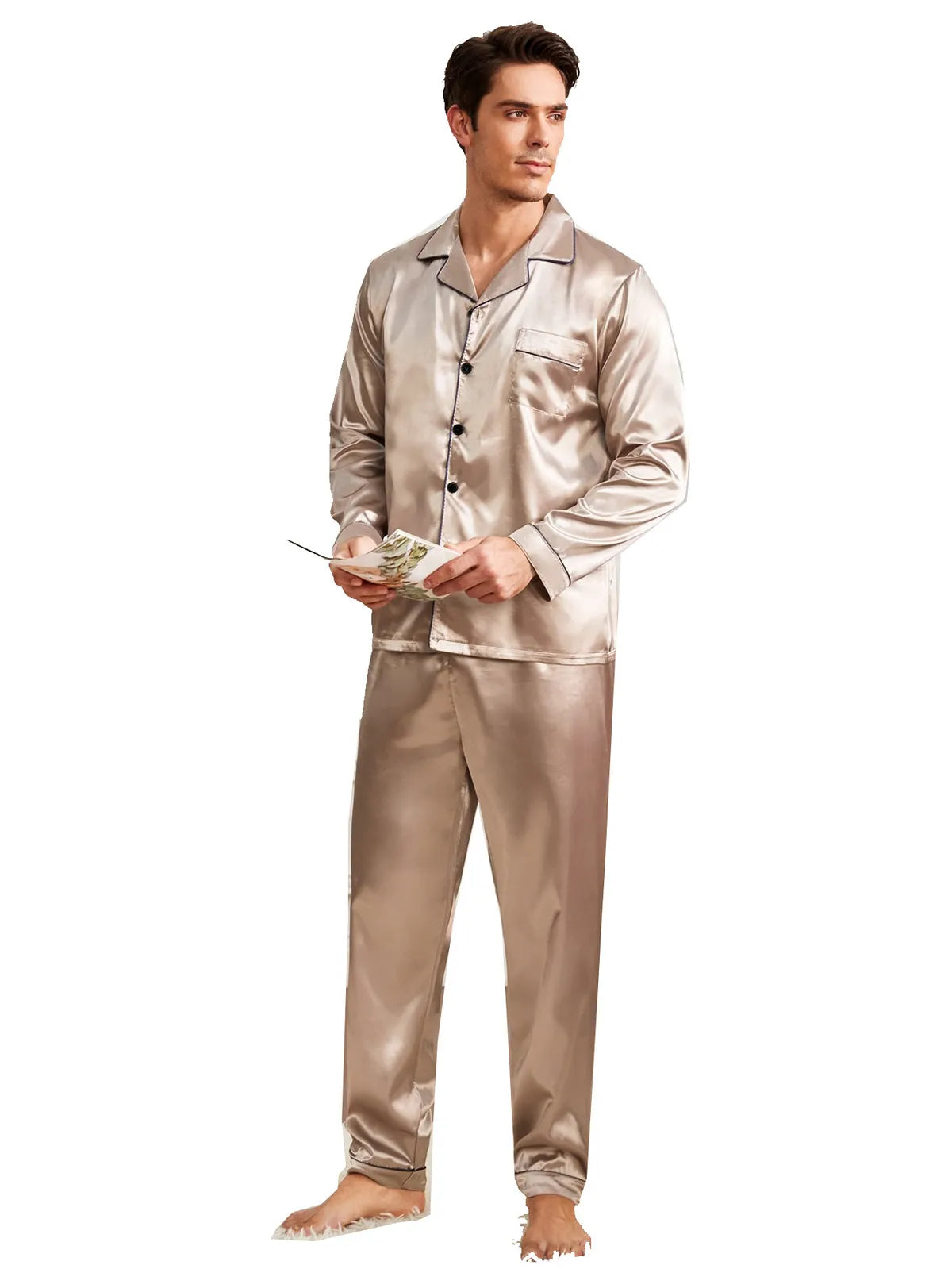 MEN HOME SILK LONG SLEEVE TROUSERS PYJAMAS 2PCS SET