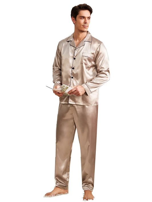 MEN HOME SILK LONG SLEEVE TROUSERS PYJAMAS 2PCS SET