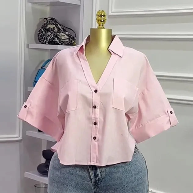 LADIES CASUAL SOLID LAPEL SHORT-SLEEVE BLOUSE