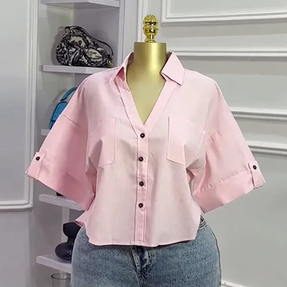 LADIES CASUAL SOLID LAPEL SHORT-SLEEVE BLOUSE