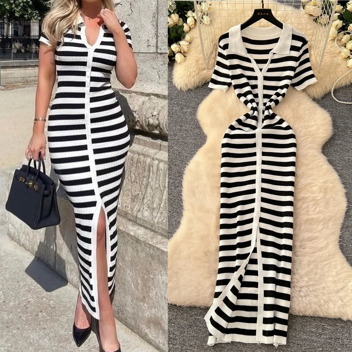 LADIES CONTRAST LAPEL BREASTED KNITTED DRESS