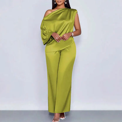 LADIES ELEGANT BAT SLEEVE TOP AND WIDE-LEG PANTS 2PCS SET