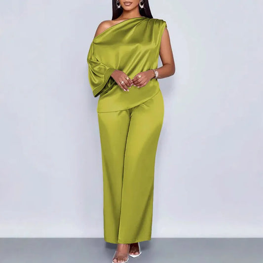LADIES ELEGANT BAT SLEEVE TOP AND WIDE-LEG PANTS 2PCS SET