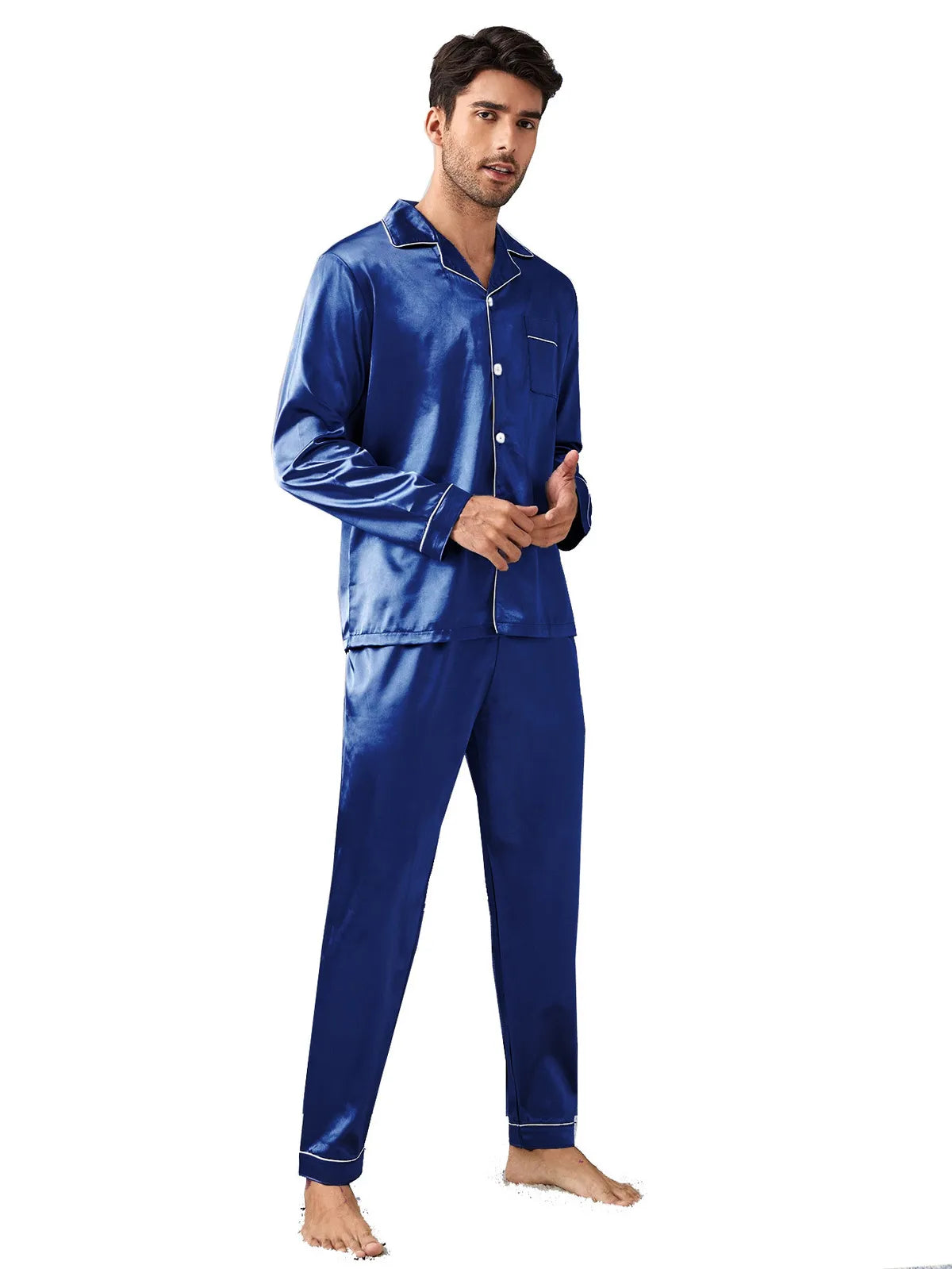 MEN HOME SILK LONG SLEEVE TROUSERS PYJAMAS 2PCS SET