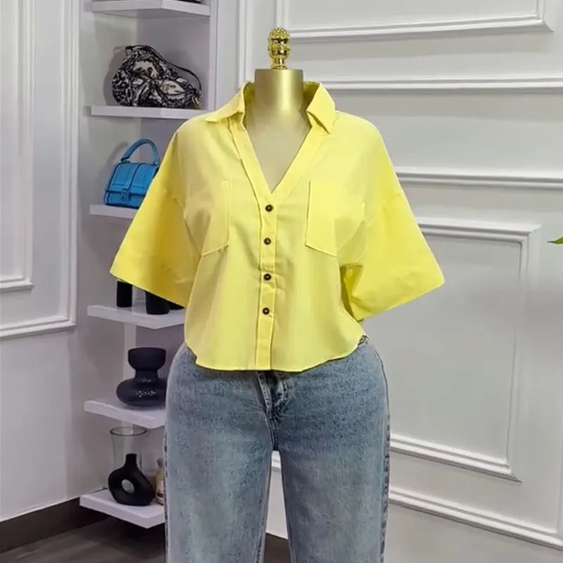 LADIES CASUAL SOLID LAPEL SHORT-SLEEVE BLOUSE
