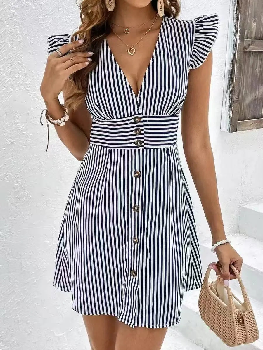 LADIES SUMMER STRIPE RUFFLED BREASTED MINI DRESS