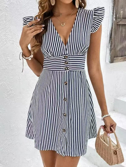 LADIES SUMMER STRIPE RUFFLED BREASTED MINI DRESS