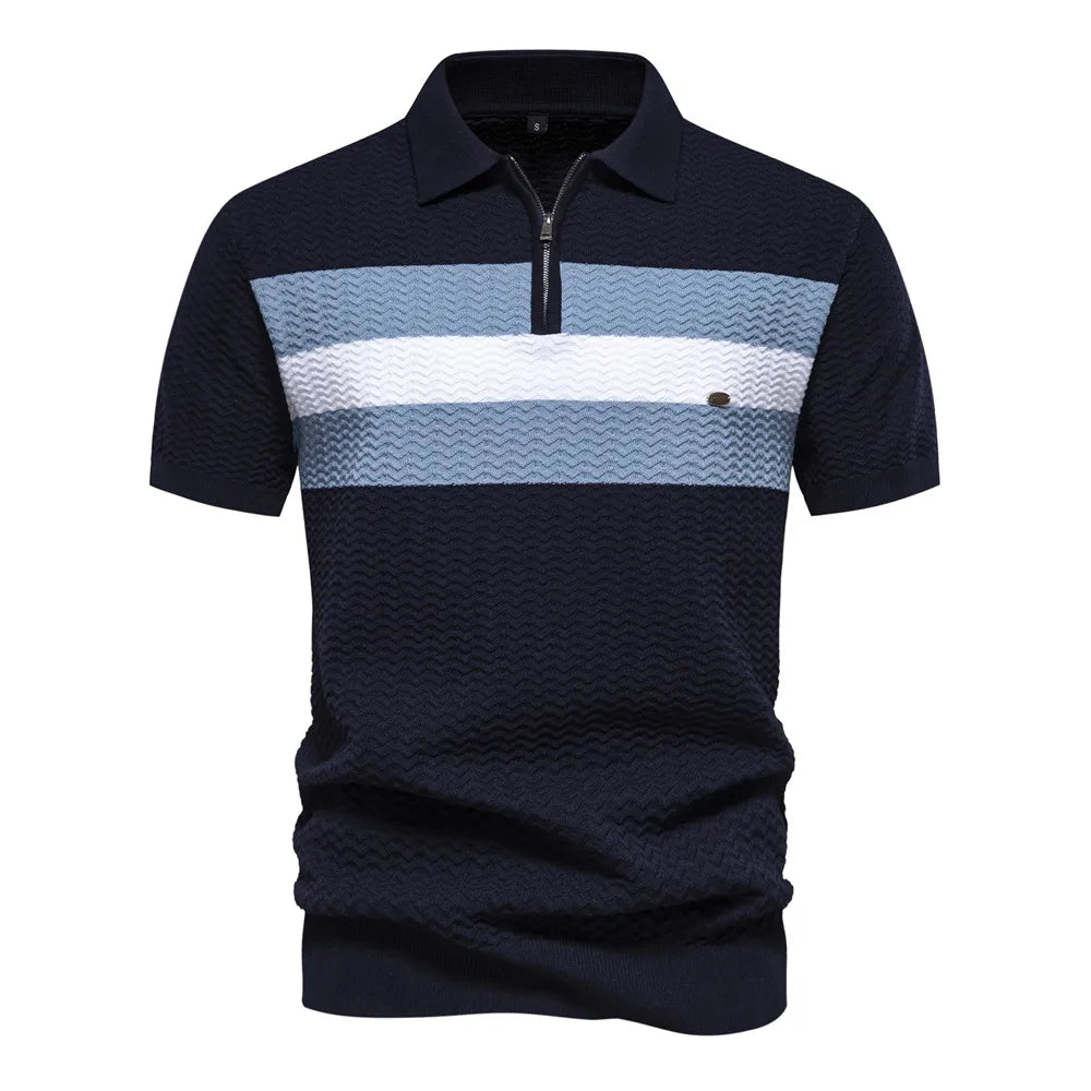 MEN'S CASUAL STRIPE ZIPPER SHORT-SLEEVE  POLO SHIRT
