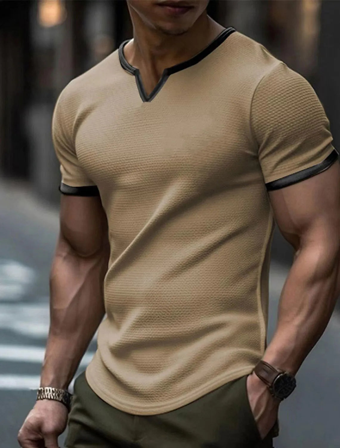 MEN'S V-NECK BLOCKING SHORT-SLEEVE LOOSE T-SHIRT