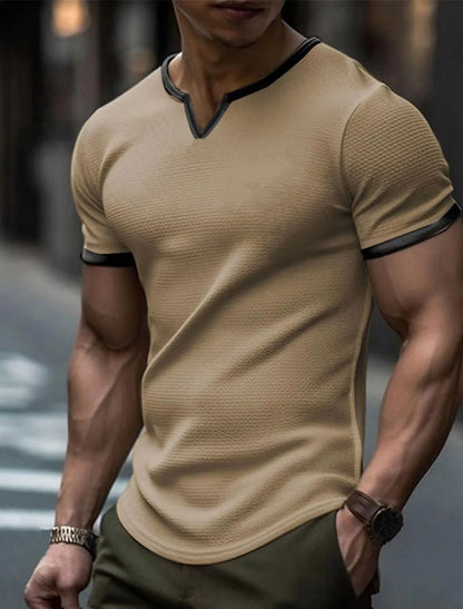 MEN'S V-NECK BLOCKING SHORT-SLEEVE LOOSE T-SHIRT