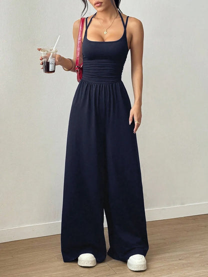 LADIES SEXY SUMMER SOLID SPAGHETTI STRAP WIDE-LEG JUMPSUITS
