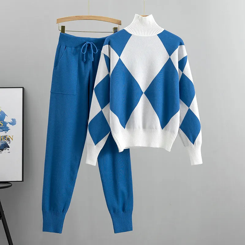 LADIES PLAID-HIGH NECK LONG-SLEEVE SWEATER  JOGGER KNITTED 2PCS SET