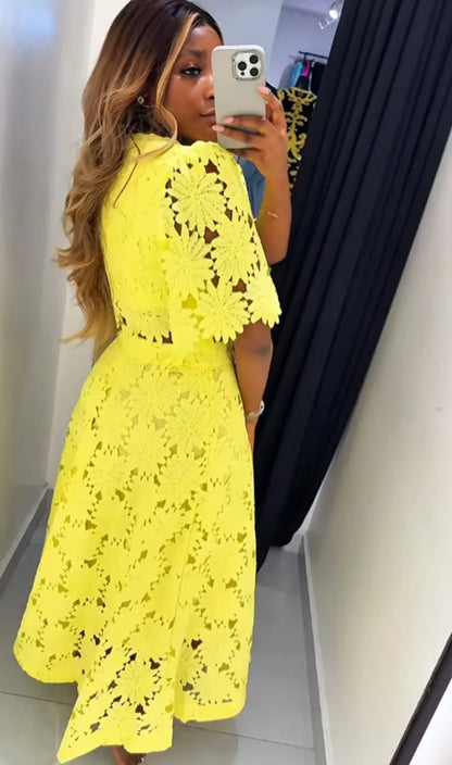 LADIES SOLID LACE HOLLOW SLEEVE CROP TOP MAXI SKIRTS 2PCS SET