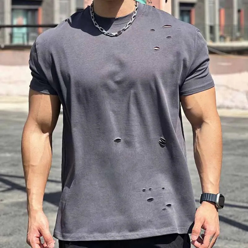 MEN'S SOLID ROUND NECK RIPPED T-SHIRT