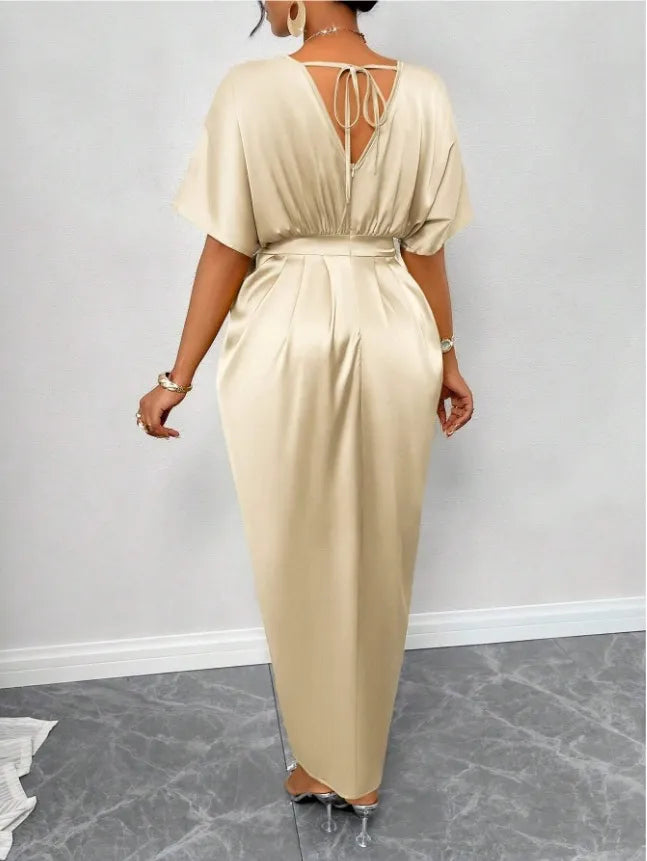 LADIES ELEGANT SOLID SATIN V-NECK  SHORT-SLEEVE WAIST  DRESS
